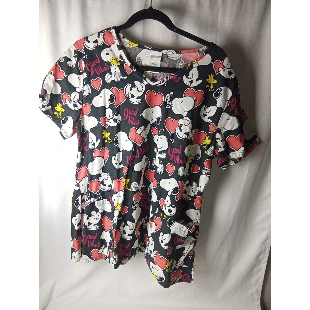 Peanuts Snoopy Woodstock Good Vibes Scrub Top Women XL Hearts Black